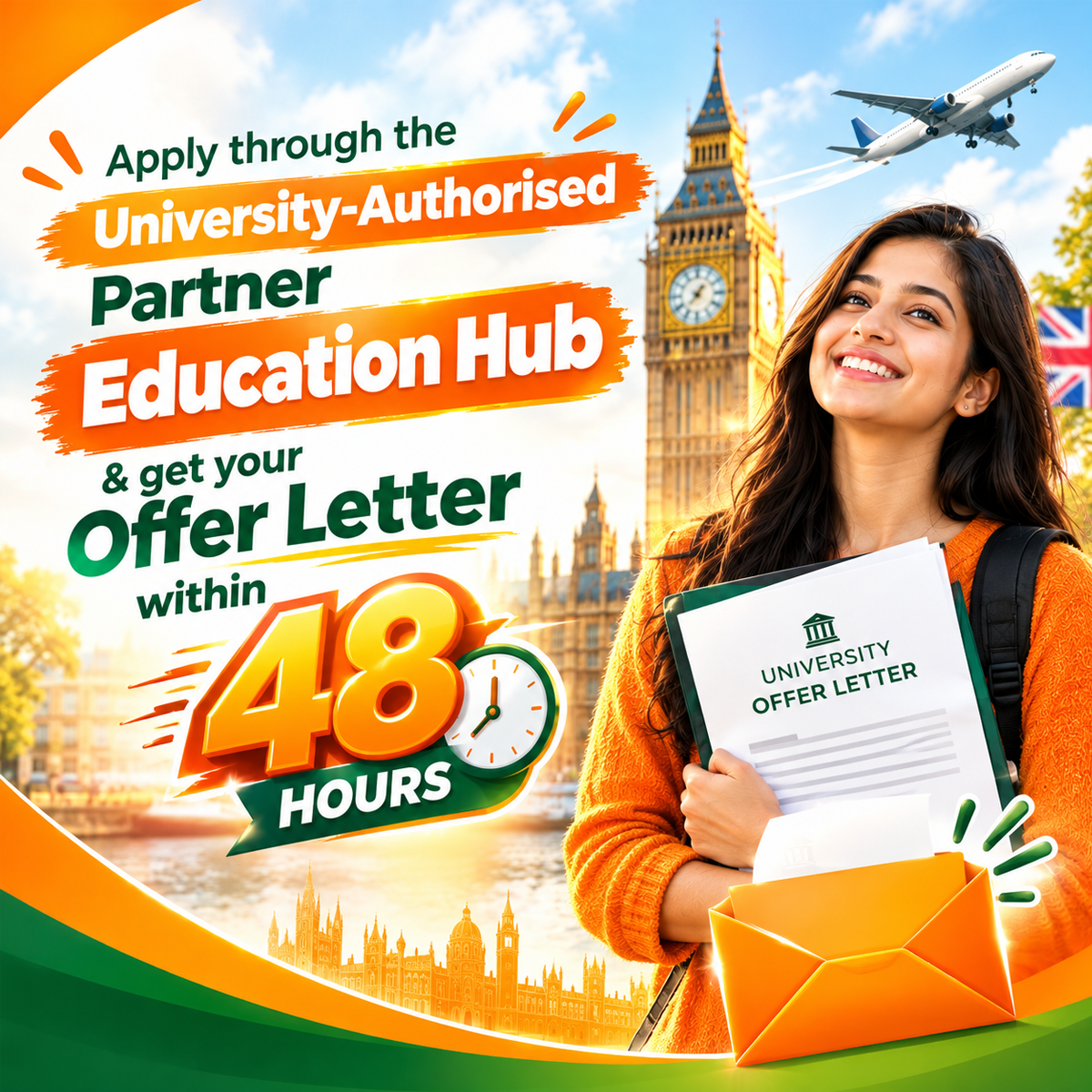 Apply through university authorized partner Education Hub & get your offer letter within 48 hours. No service charge .